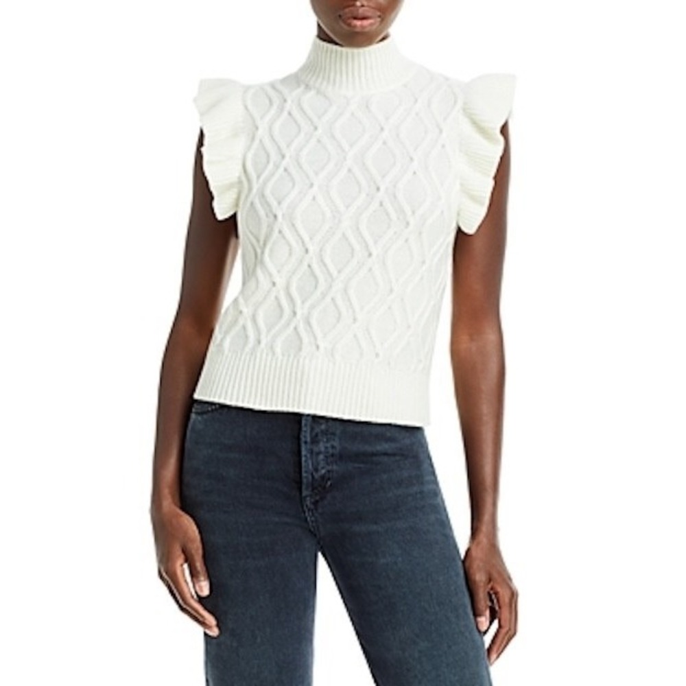 AQUA Cashmere Sweater Women S Ruffle Mock Neck Cable Fisherman Coquette Academia